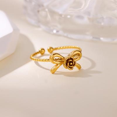 Vintage Cute Rose Bow Rings For Women Girls Gold Color Open Adjustbale Stainless Steel Ring Wedding Aesthetic Jewelry Gifts