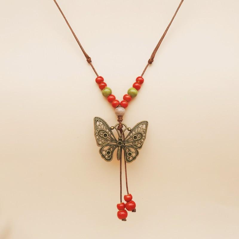 Concubine Butterfly Ethnic Style Ceramic Long Sweater Chain Female Antique Pendant Retro Chinese Style Butterfly Necklace