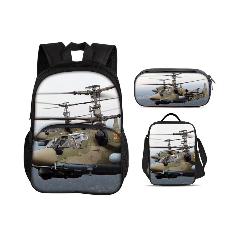 Helicopter Round Front Bag Backpack, Pencil Case, Ice Pack, 3Pcs Set, Mechanical Printing Best Gift for Boys and Girls In School