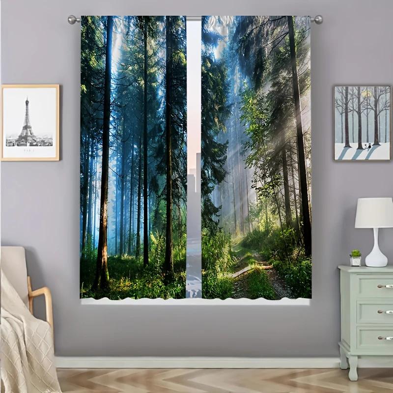 2PCS- Beautiful Forest Pattern Printed Curtains, Pole Bag Curtains, Home Decoration, Room Decoration