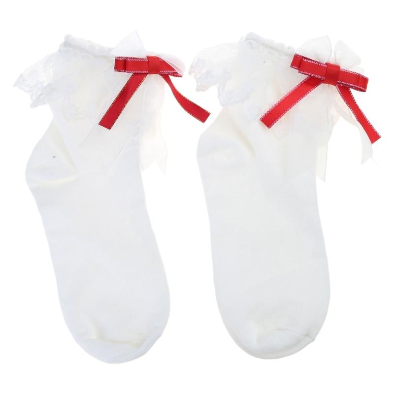 Japanese Style Sweet Frilly Ankle Socks for Womens Girls Ruffle Lace Trim Cute Ribbon Bowknot Middle Tube Cotton Socks 1