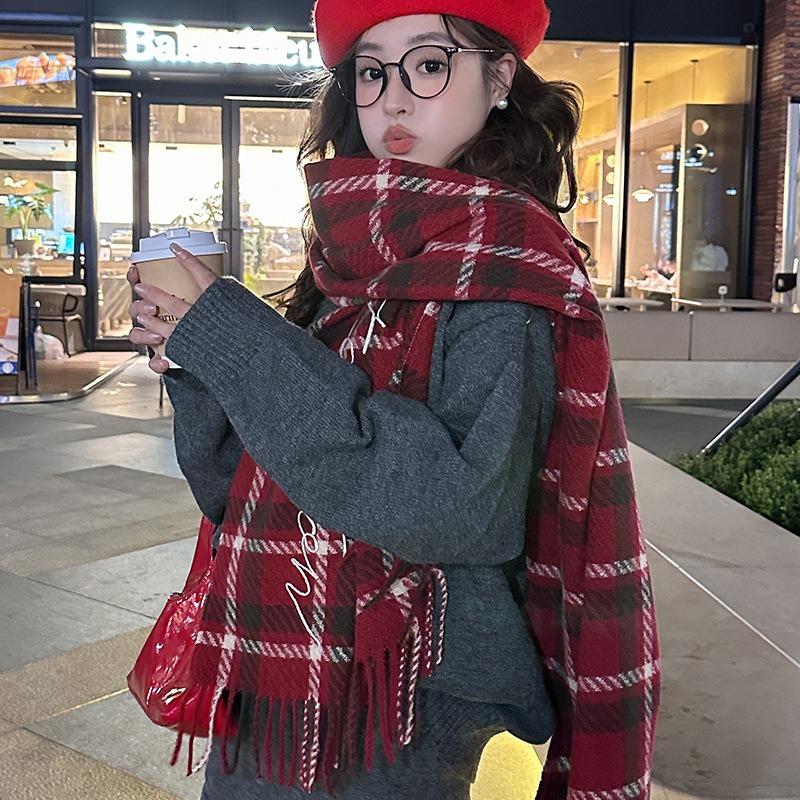 College style red plaid scarf women's autumn and winter fashion versatile student couple pair of scarves men's long models