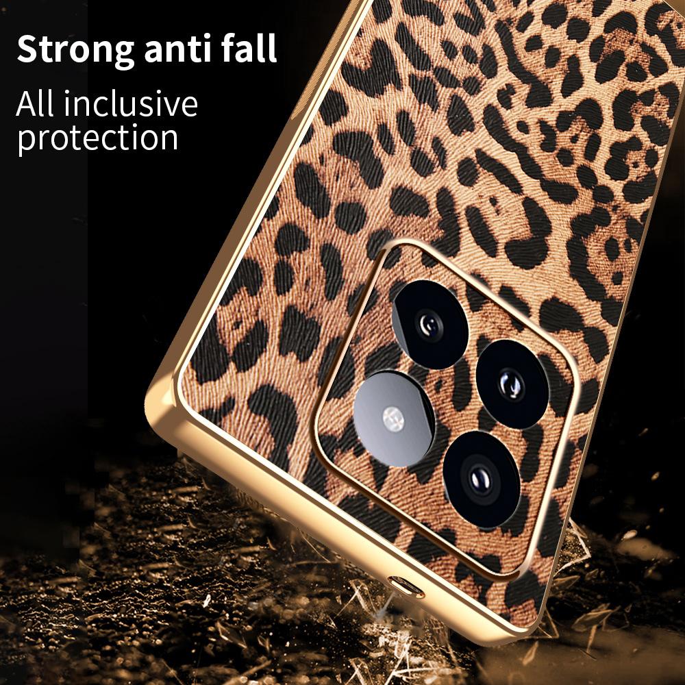 For Xiaomi 14 Pro Case Leopard Print PU Leather Coated PC+TPU Electroplating Phone Cover