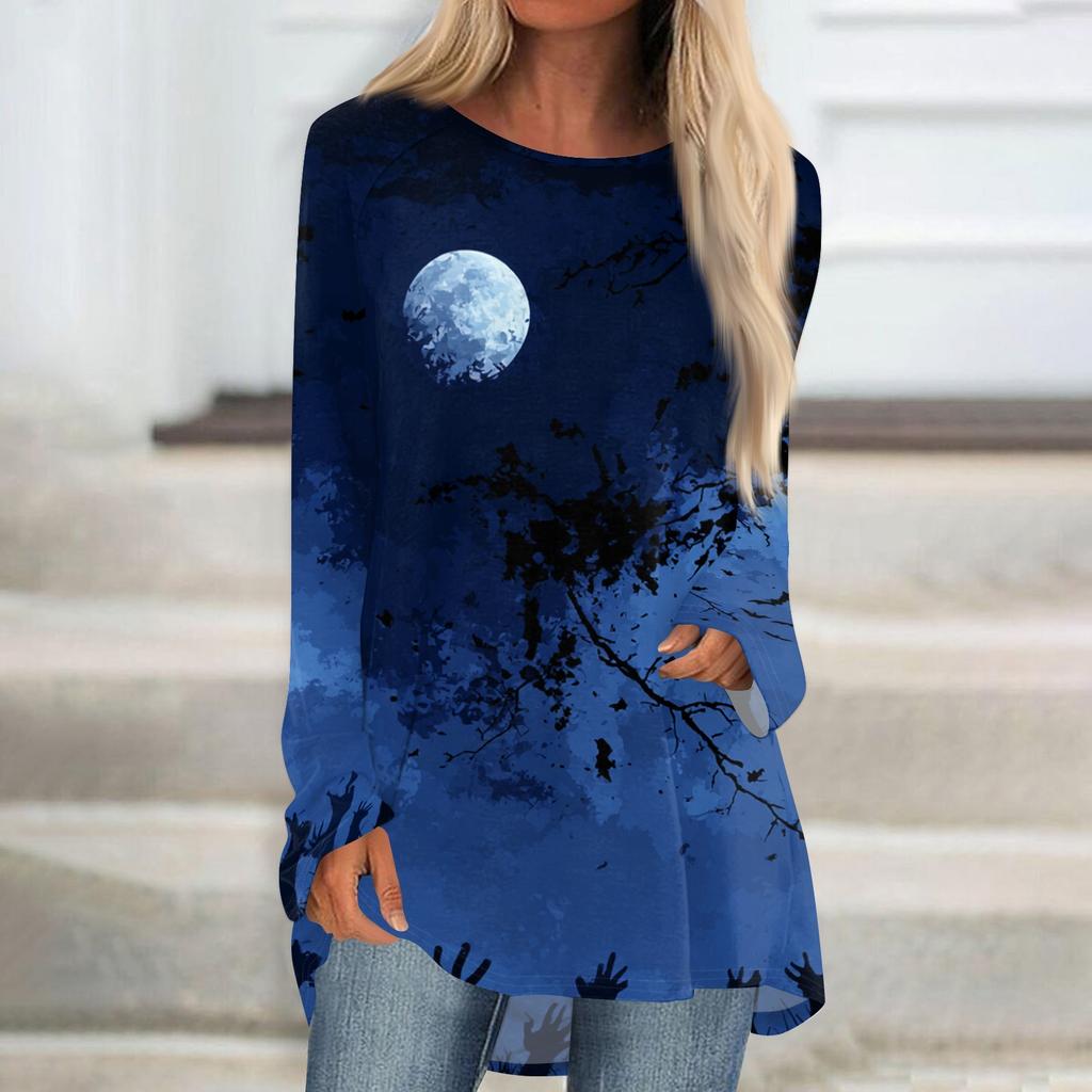 Women's Long Sleeve Halloween Print Tunic T-Shirt Round Neck Casual Top
