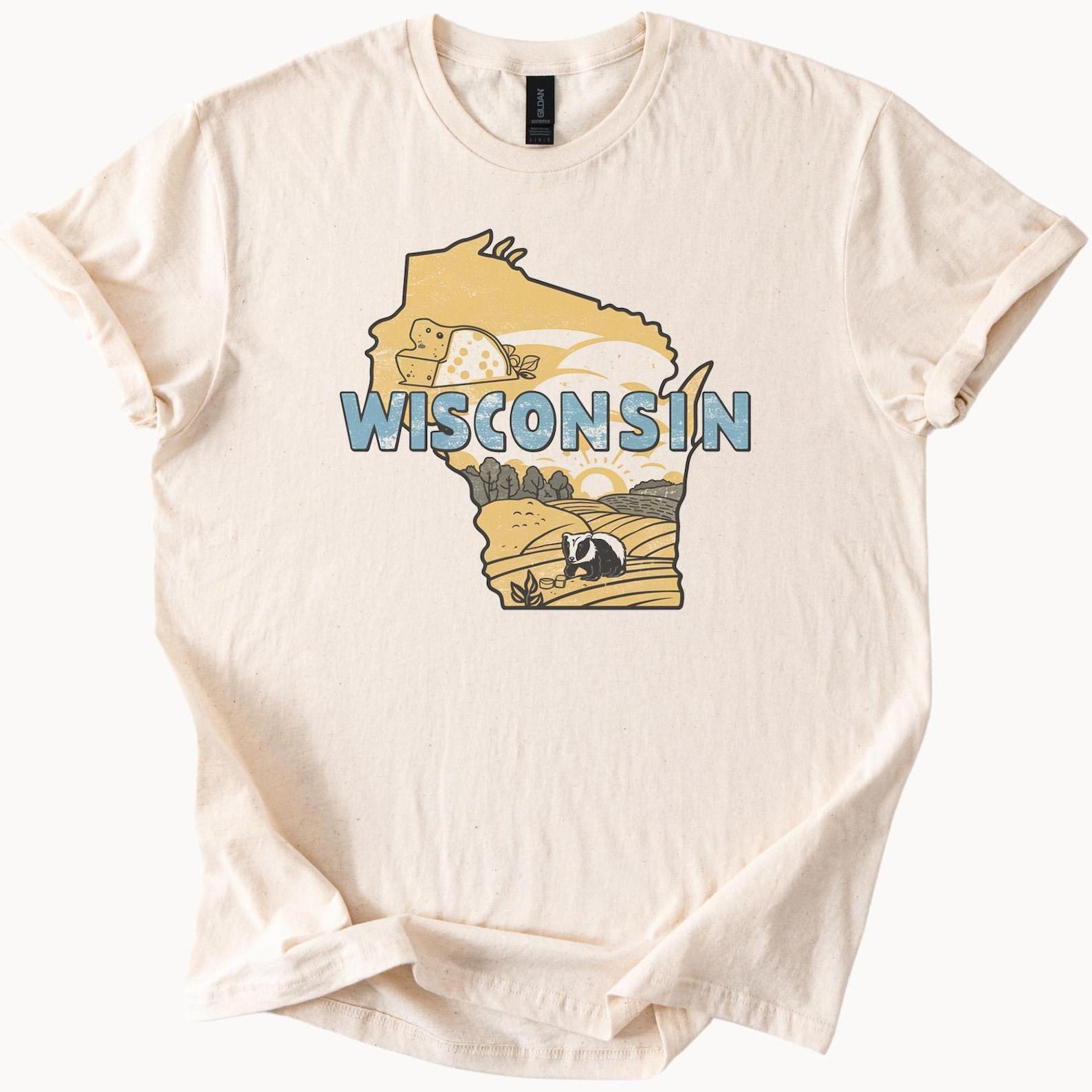 Wisconsin State Outline Graphic T Shirt with Cheese Badger Farm Fields and Sunrise Unique Midwest Nature Art Tee Gift 160