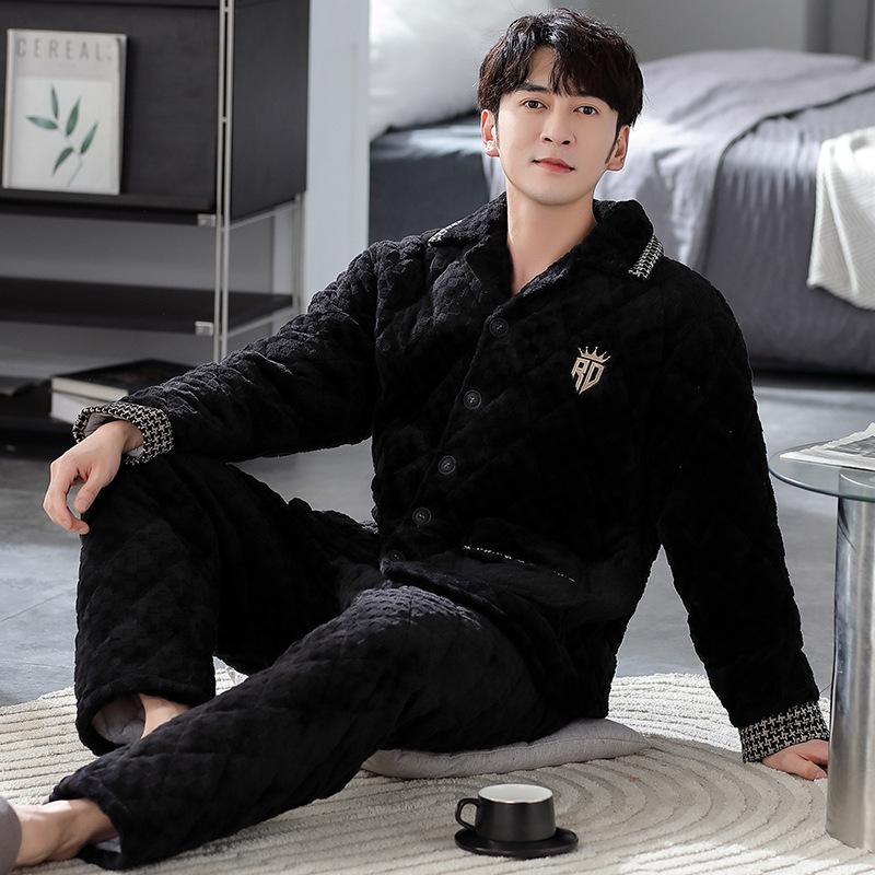 Pajamas Men's Winter 1011 New Three-layer Thickened Fleece Padded Cotton Autumn and Winter Middle-aged Dad Large Size Winter Loungewear
