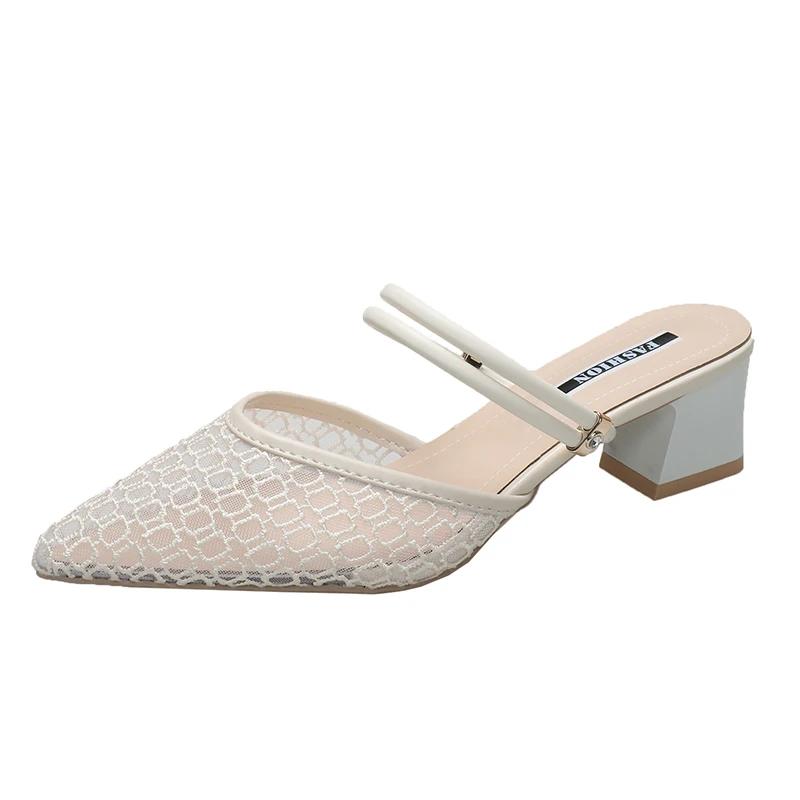 2026 New Sandals for Women Large Size Mid Heels Mesh Breathable Slippers Sexy Pointed Toe Versatile Outwear Solid Color Shoes