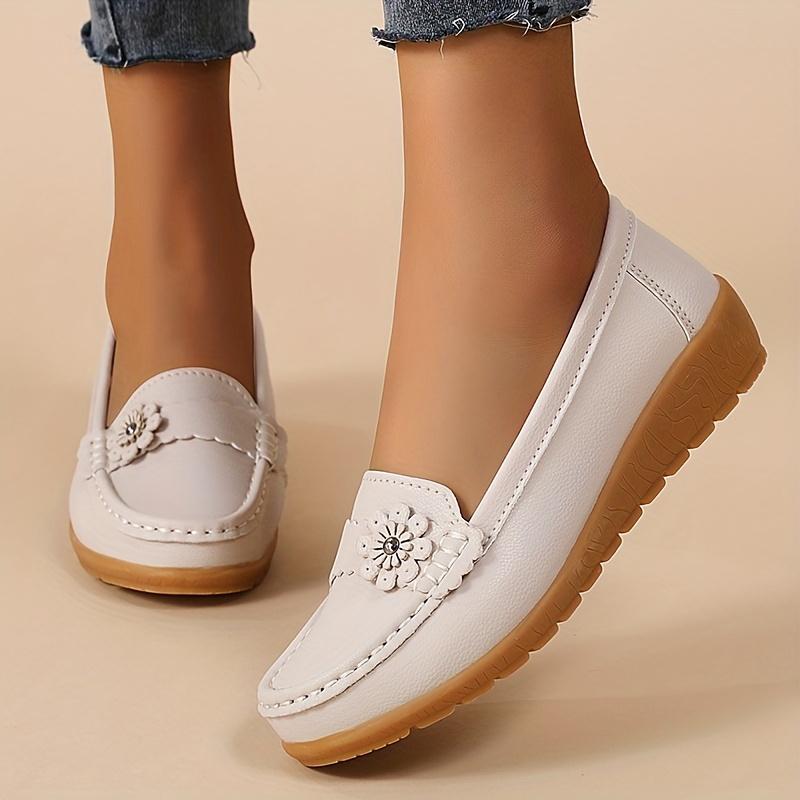Women's Flower Decor Flat Loafers, Casual Solid Color Slip On Shoes, Lightweight & Comfortable Shoes