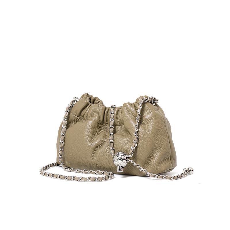 Genuine Cowhide Pleated Cloud Bag Soft Leather Dumpling Shoulder Crossbody Bag with Chain