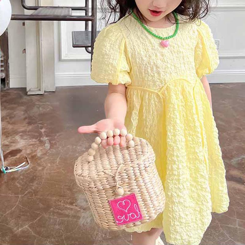 Girls' Summer Dress Solid Color Sweet Dress Short Sleeved Princess Dress Fluffy Dress for Children Clothing