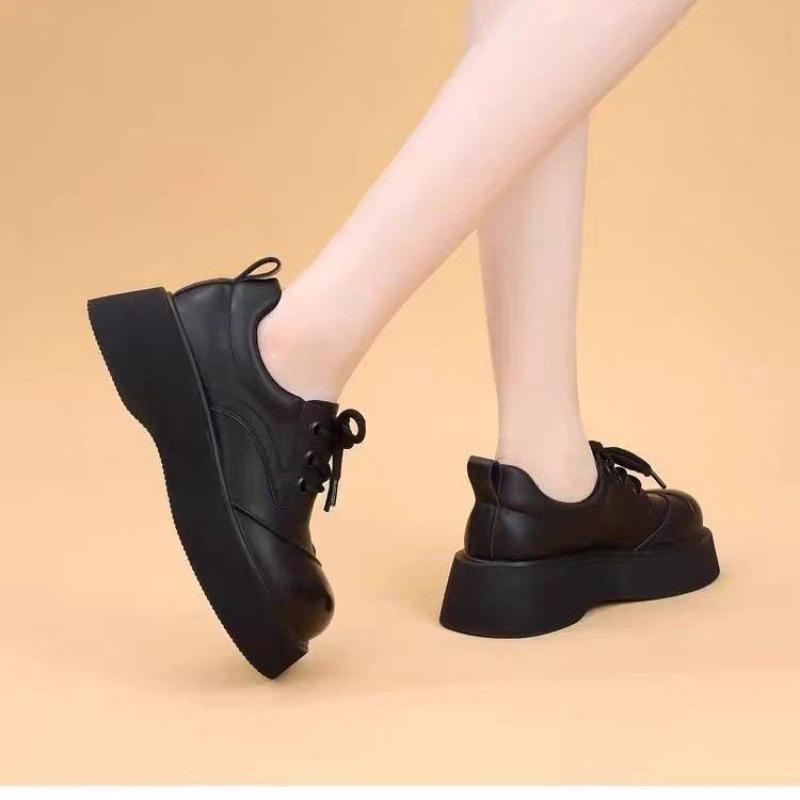 Fashion Velvet Small Leather Shoes Autumn and Winter New Lace-up Soft-soled Single Shoes Thick-soled Height Increase Women