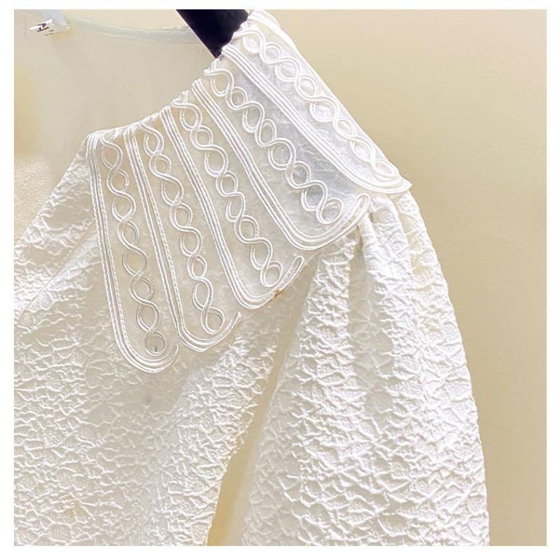 Plus Size Women Doll Collar Short Sleeve Shirt Letnia Vintage Jacquard Top