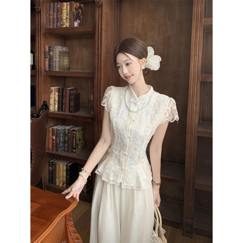 

Kumikumi New Chinese Style Set Elegant Stand Collar Lace Shirt Women clothes Summer High Waist Drape Wide Leg Pants Two-piece Set Top L
