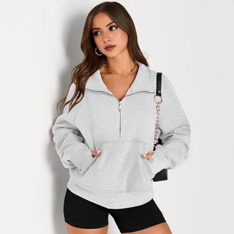 Thick Fall Winter Sweatshirt Casual Sport Top Loose Elastic Cuff Long Sleeves Half Zipper Turn Down Collar Big Pocket Pure Color Daily Wear