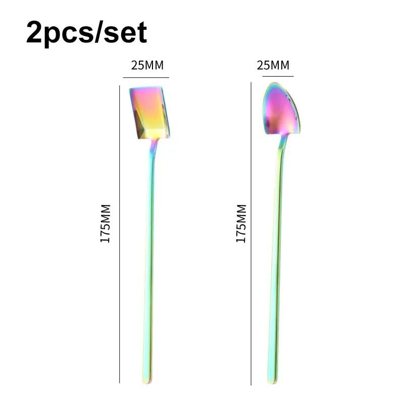 2pcs/set 304 Stainless Steel Long Handled Spoon Household Shovel Shaped Dessert Spoon Coffee Mixing Spoon