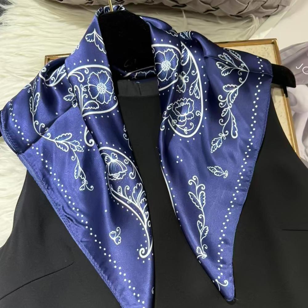 White Blue 100% Mulberry Silk Small Square Scarf Women Spring Fall Summer Hair Scarf Elegant Paisley Neck Scarves Neckerchief