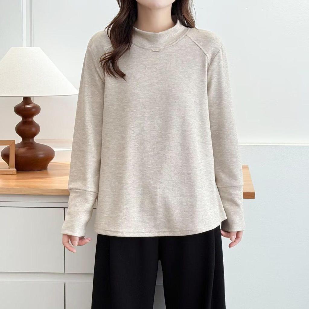 Plus Size Korean Style Drop Shoulder Slimming Long Sleeve Fleece T-shirt - Warm Versatile Base Layer for Women