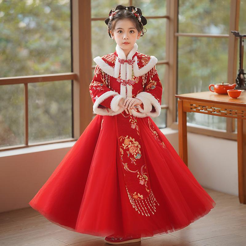 Hanfu girls autumn and winter velvet thickened Chinese style ancient clothing children's New Year's clothing New Year's festive girls winter clothes