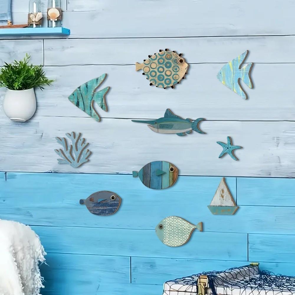 10 Stück Kreative Rustikale Meeres-Tier-Dekoration Retro-Wandkunst Holzdekorationen Lustige Fisch-Wanddeko Café Bar