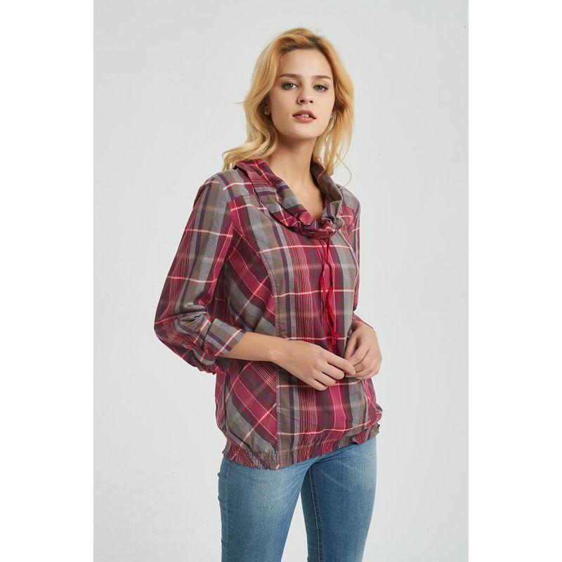 

Age-Reducing Woven Cotton Red Plaid Long Sleeves Plaid Breathable Pullover RED CHECK S