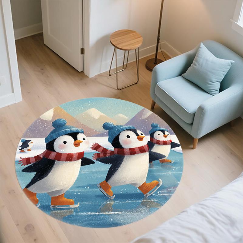 Snowy Day Penguin,Round Area Rug,Carpet Rug for Living Room Bedroom Sofa Playroom Decor,Non-slip Floor Mat