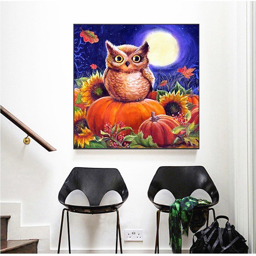 Diamentowe malowanie pełne wiertło okrągłe sowa Art diamentowe hafty z dyni dżetów obraz Halloween