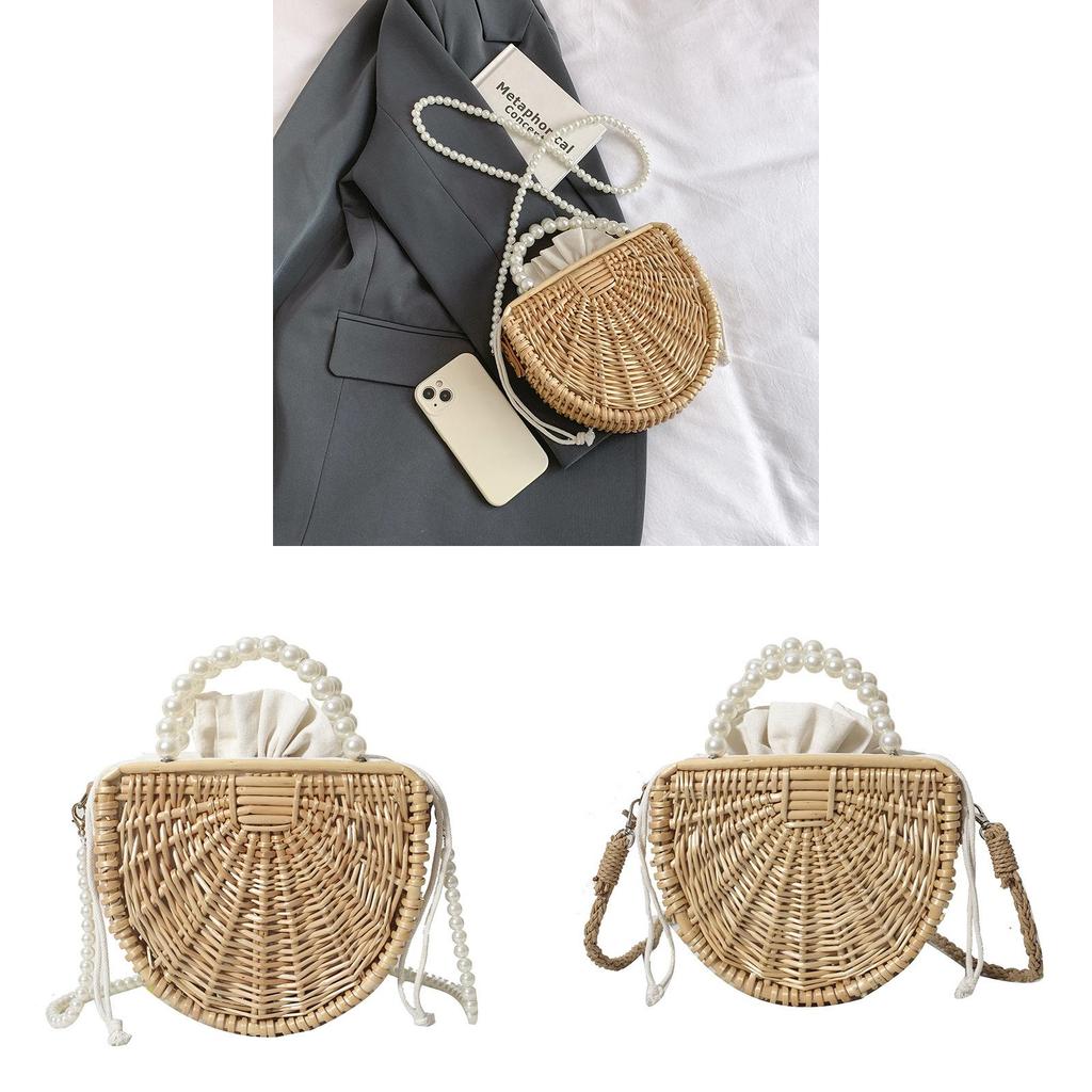 Handcrafted Bamboo Weave Tote Bag With Pearl Shoulder Strap For Beach Travel And Daily Use