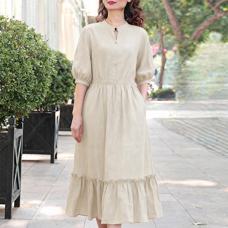 ZANZEA Women Summer Stand Collar Casual Half Sleeve Dress S абрикосовый