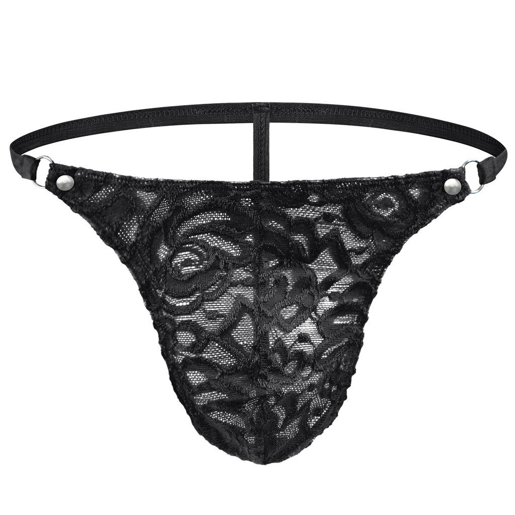 Men Lace Floral G-String Thong See Through T-Back Panties Breathable Mesh Sissy Lingerie With Metal Circular Waistband Underpant