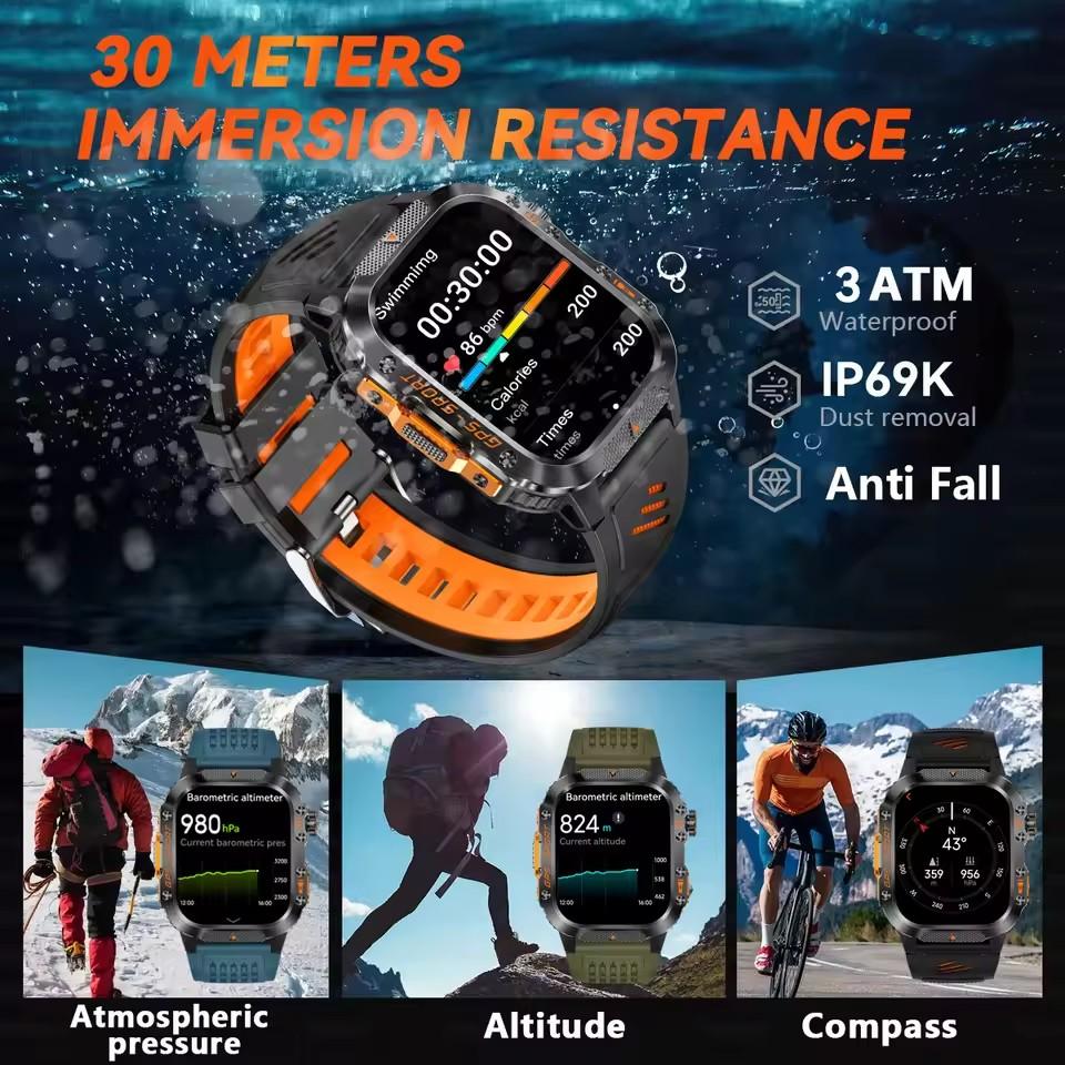 2026 Yeni Askeri Erkek Dahili GPS Akıllı Saat Pusula Altimetre 3ATM Su Geçirmez Bluetooth Çağrı Kalp Atış Hızı Spor Fitness Akıllı Saat