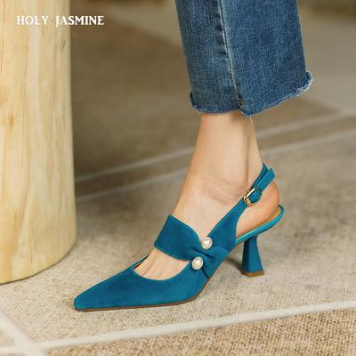 Party Abschlussball Damen Slingbacks Pumps 2024 Sommer Neu Wildleder Sandalen Mode Spitzschuh Hohe Absätze Schuhe Frau Absätze für Damen