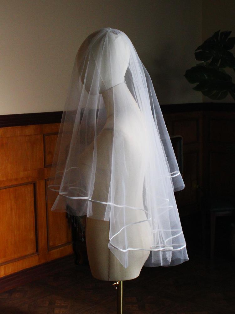 V853 European & American Satin Edge Double Layer Bridal Veil: Super Fairy White, Puffy Wedding, Travel Photoshoot Headwear
