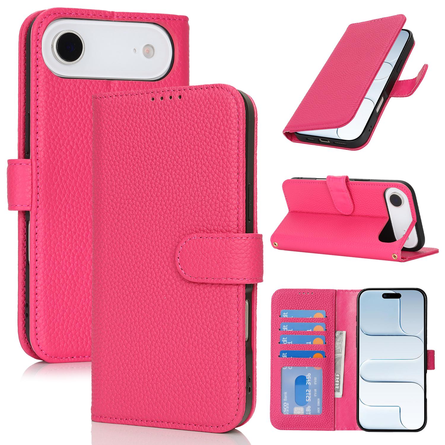 

For iPhone Air Stand Case Litchi Texture Genuine Cow Leather Wallet Phone Cover RFID Blocking