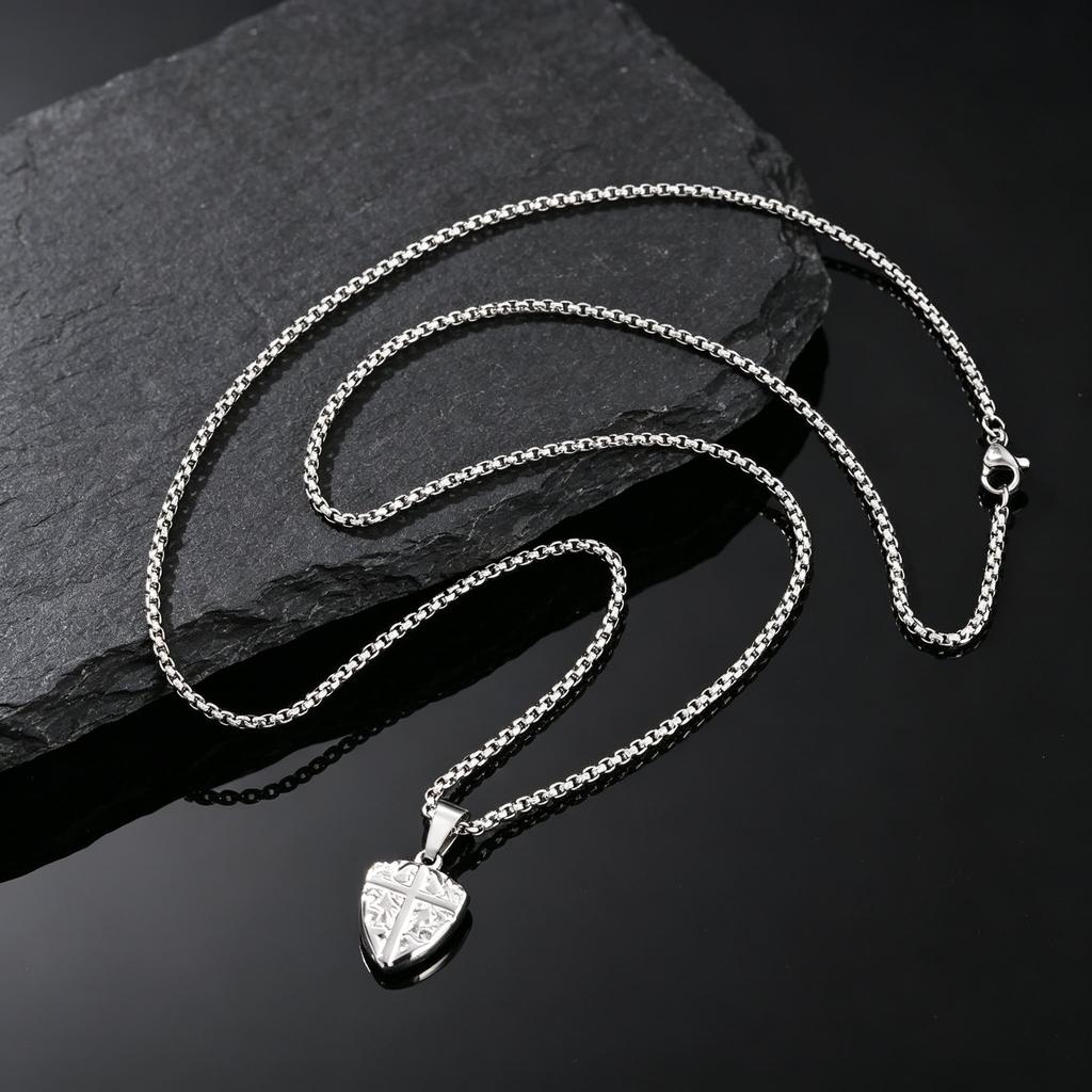 Small Shield Cross Necklace for Men, Stainless Steel Shield Pendant Necklace, Religious Stylish Jewelry