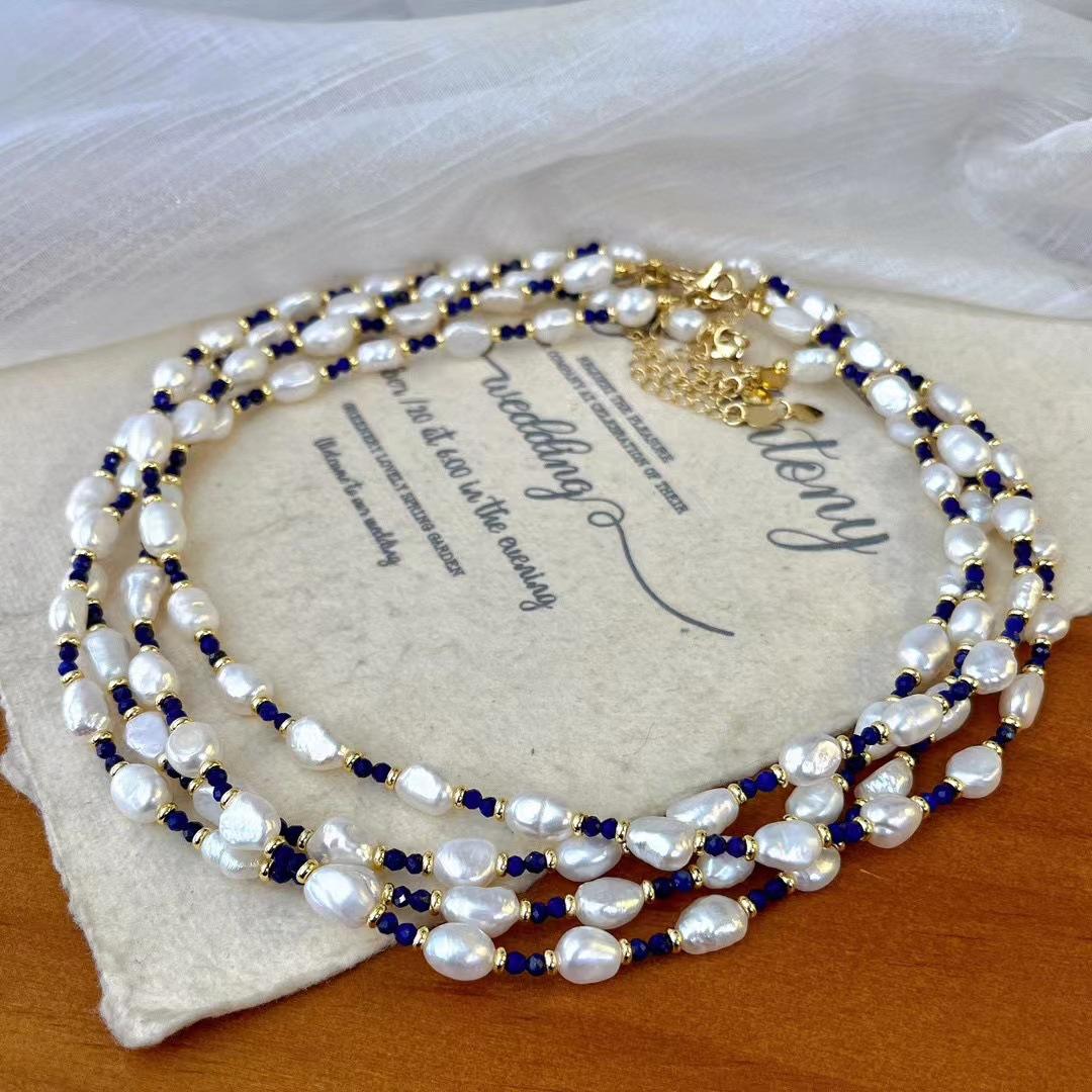National Style New French Retro Temperament Natural Lapis Lazuli Freshwater Baroque Pearl Necklace Niche
