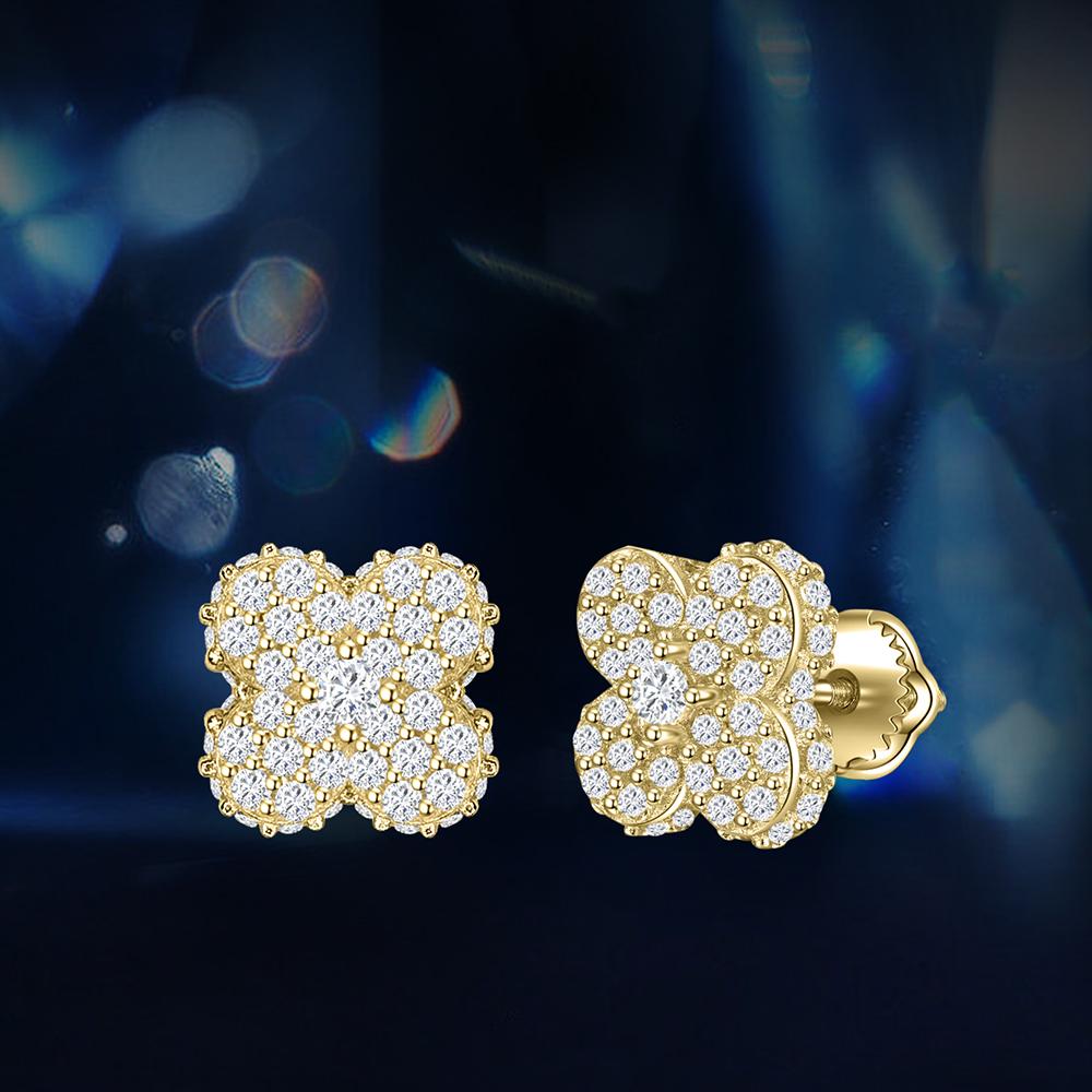 14K Gold Plated Moissanite Four-Leaf Clover Screw Back Stud Earrings