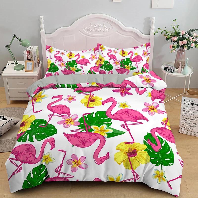 3D Flamingo Printed Beding Set King Quen Sized Dimensions Carton Pink Animals Soft Duvet Cover Featuring Pilowcases 2/3pcs Polyester Comfortable Quilt