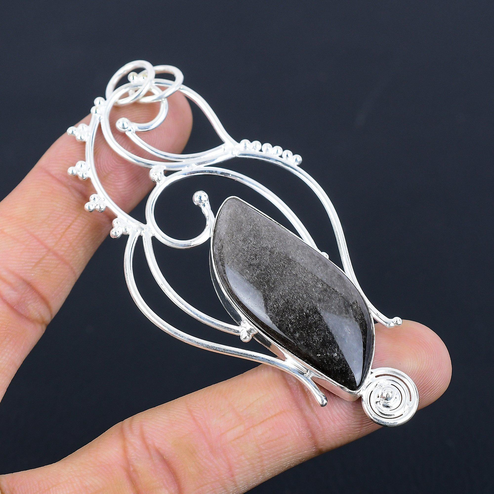 Подарок для женщин Кулон 925 пробы Натуральный серебряный блеск Обсидиан Драгоценный камень