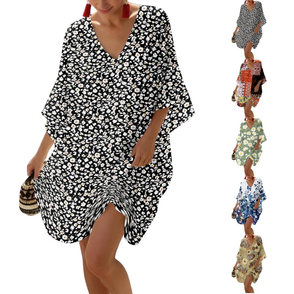 Women's Casual Loose Fit V Neck Dolman Sleeve Dress Floral Print Lightweight Comfortable Summer Beach Cover Up