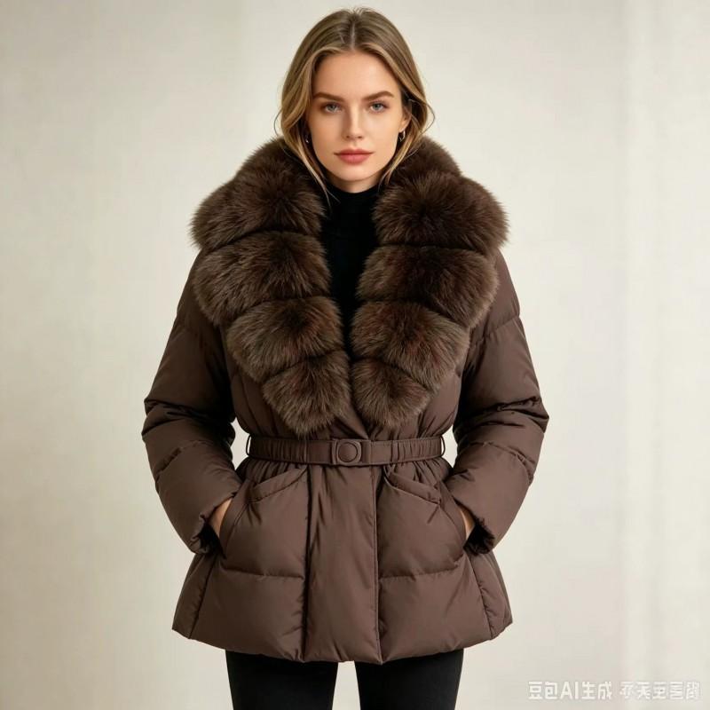 Womens Mid-Length Puffer Coat With Faux Fur Collar Slim Fit Warm Winter Outerwear