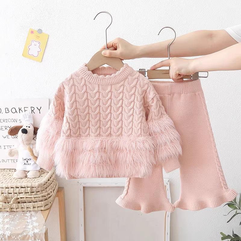 Mädchenpullover Lang Faux Nerz Zweiteiliges Set Herbst Winter Neuer Stil Baby Mädchen Rundhals Pullover Hosen Set