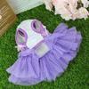 Dog Princess Dress Flower Printing Multi-layer Net Yarn Cotton Round Neck Teddy Wedding Skirt for Summer