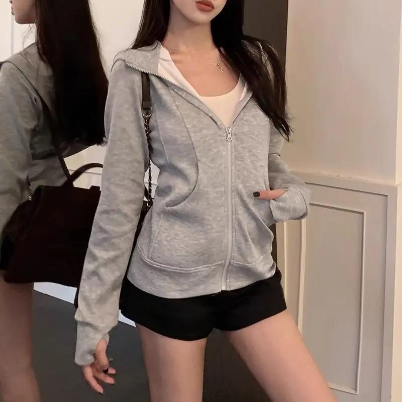 Streetwear Black Hoodie Coat Women's Clothing Hooded Zipper Slim Fit Y2k Jackets Casual Fashion Sweatshirts Ropa Mujer