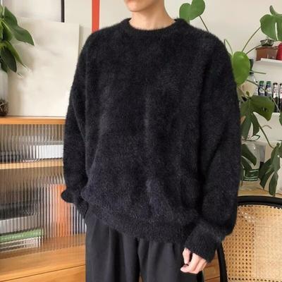 Autumn Winter Men Sweater Loose Thick Knitted Fuzzy Solid Color Round Neck Long Sleeve Pullover Elastic Mid Length Sweater for Daily