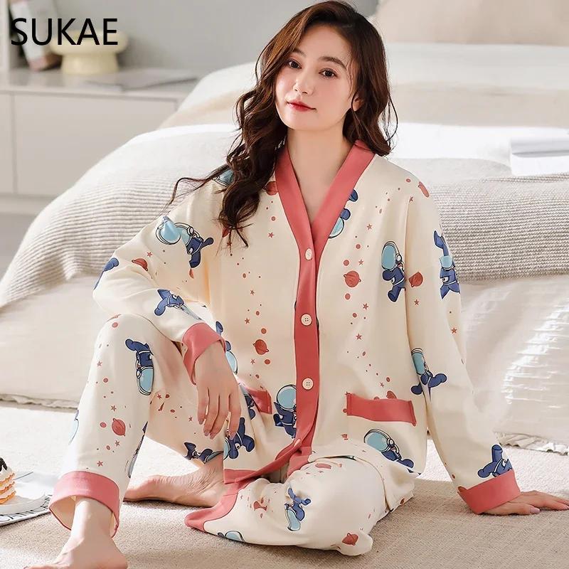 SUKAE New M-5XL Autumn Winter New Cotton Women Pajamas Lady Pijamas Set Loungewear Kimono Cardigan Long Sleeves V-neck Homesuit