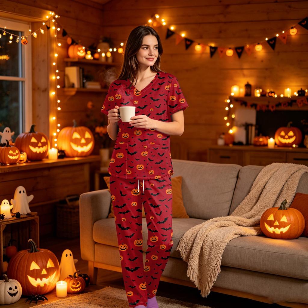 Women's Halloween Print Scrub Set, V Neck Short Sleeve with Pockets and Pants, 2 Piece Uniform