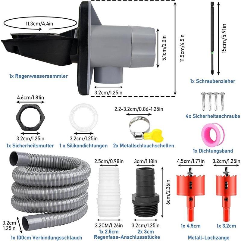 ABKP-Rain Butt Connection Downpipe Set Rainwater Collector For 70- 110 Mm Downpipes Complete Rain Butt Diverter Set With Hose