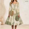 Women Plus Size Square Neck Long Sleeve Multicolor Printed A Line Dress With Belt Pockets
