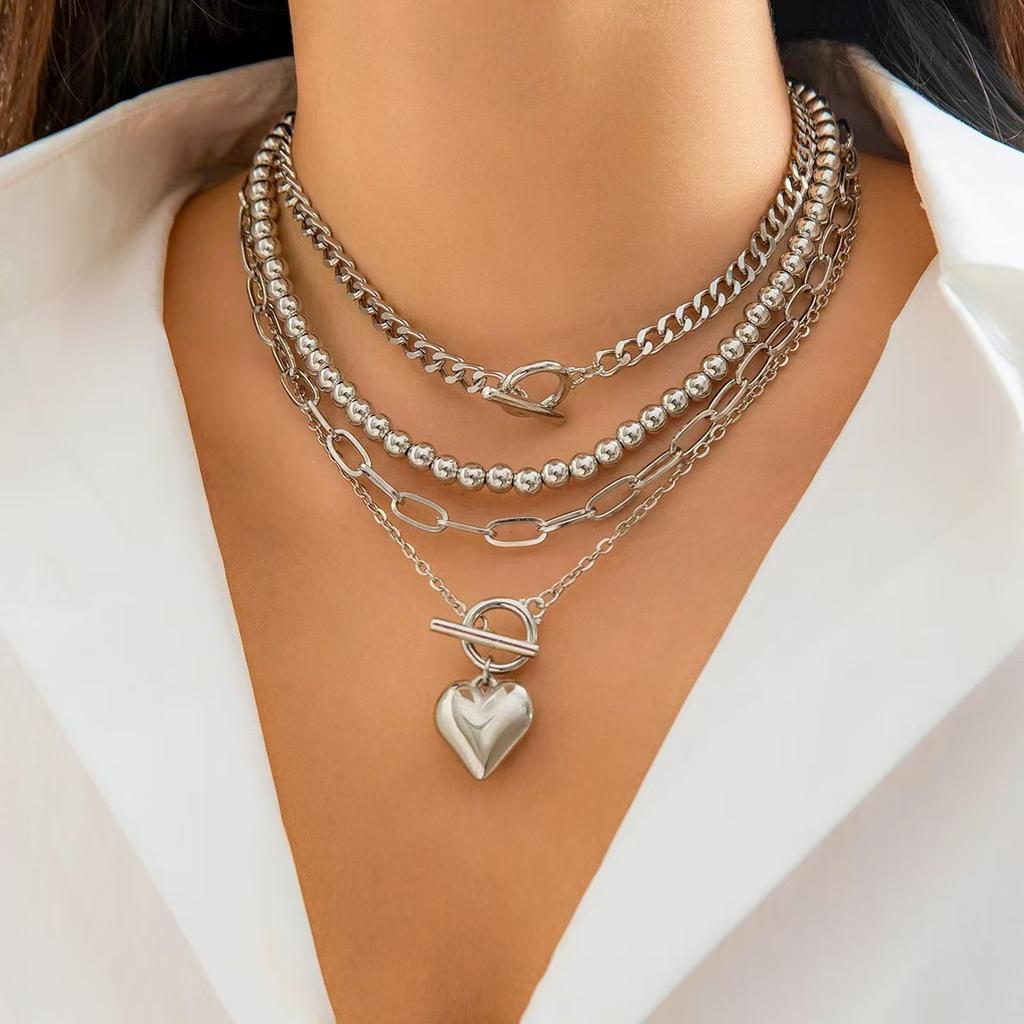 Big Ball Beaded Chain with Dmulti-layer Heart Pendant Necklace for Women Trendy Ladies Beades Collar On Neck Accessories Gift