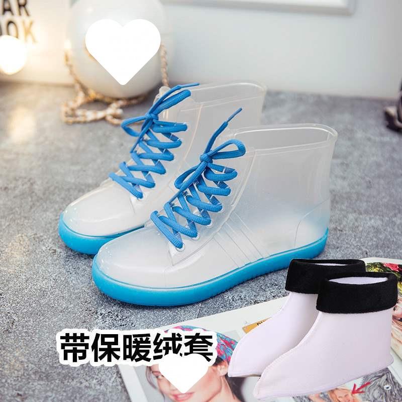 Jelly Transparent Non-slip Fashion Waterproof Shoes Rain Shoes Rain Boots Rubber Shoes Overshoes Velvet Cotton Water Boots Women's Short Tube Adult
